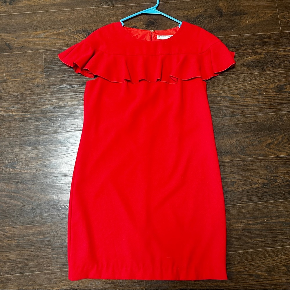 Trina Turk red dress ruffle gold shimmer threading